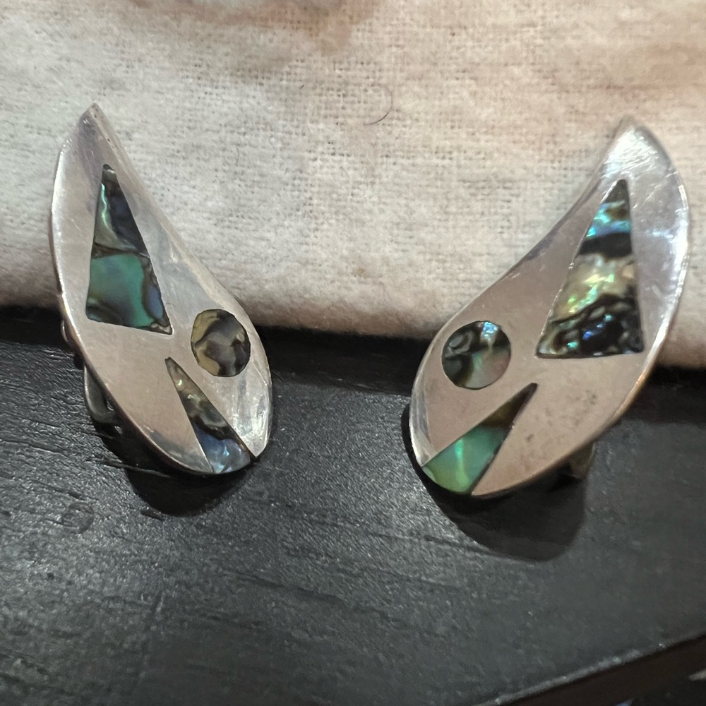 Vintage Sterling Silver + Abalone Screw Back Earrings - Beto Taxco Mexico